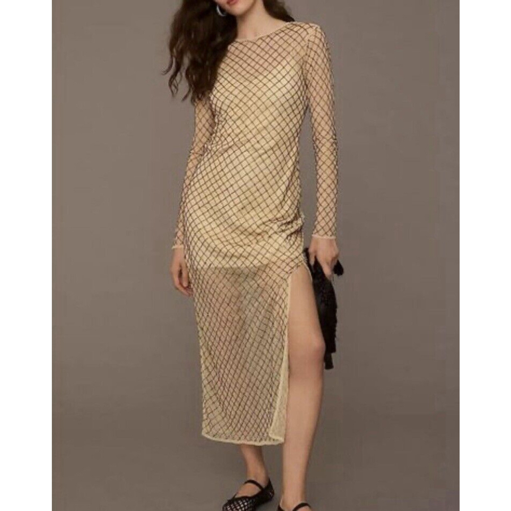 Anthropologie Sheer Maxi Beaded Column Dress Light sand Brown Size Medium
